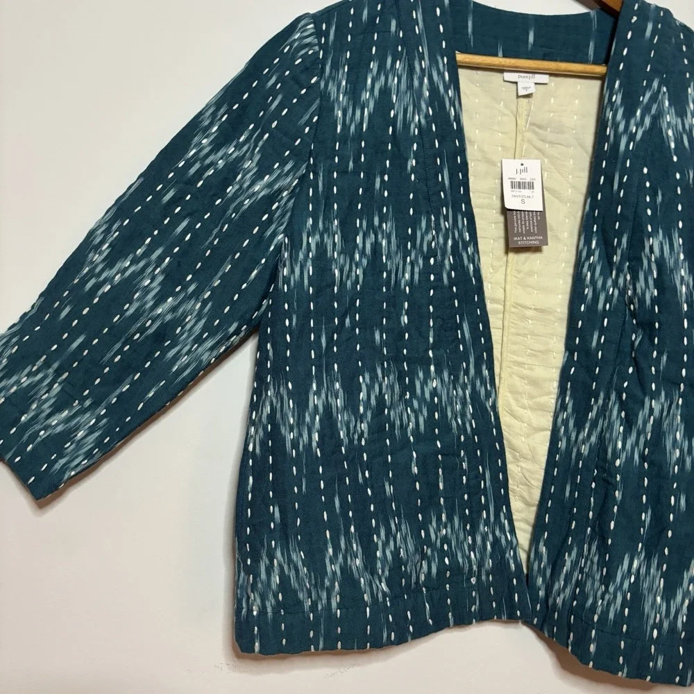 J. Jill Pure Jill Kantha Stitched Ikat Jacket Kimono Sari Open Front Teal Blue S